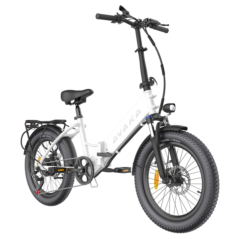 AVAKA K300 Folding Electric Bike, 350W Motor, 36V 16Ah Battery, 20*3.0 inch Tires, 31km/h Max Speed, 100km Range, Front & Rear Disc Brakes, LCD Display, SHIMANO 7-speed - White