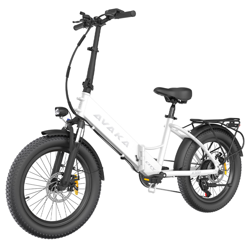 AVAKA K300 Folding Electric Bike, 350W Motor, 36V 16Ah Battery, 20*3.0 inch Tires, 31km/h Max Speed, 100km Range, Front & Rear Disc Brakes, LCD Display, SHIMANO 7-speed - White