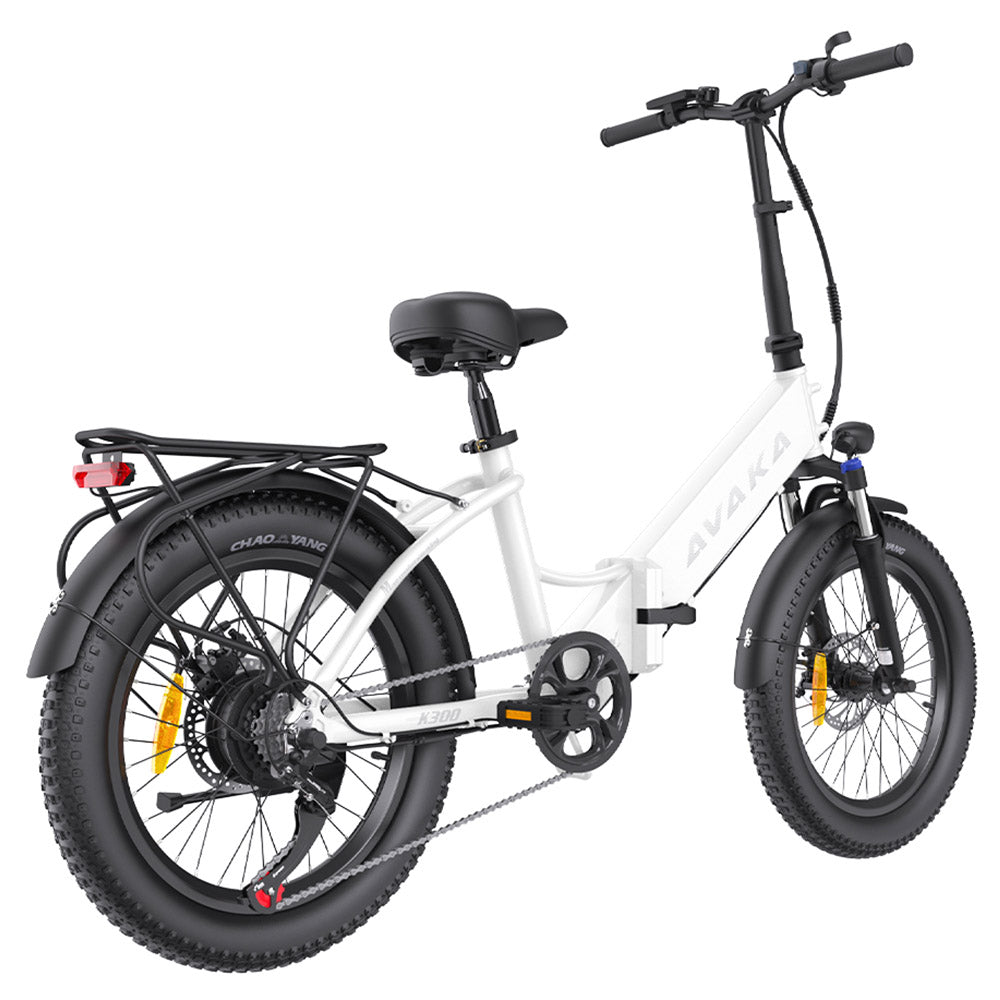AVAKA K300 Folding Electric Bike, 350W Motor, 36V 16Ah Battery, 20*3.0 inch Tires, 31km/h Max Speed, 100km Range, Front & Rear Disc Brakes, LCD Display, SHIMANO 7-speed - White