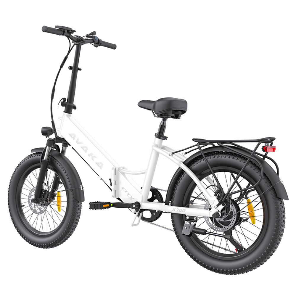 AVAKA K300 Folding Electric Bike, 350W Motor, 36V 16Ah Battery, 20*3.0 inch Tires, 31km/h Max Speed, 100km Range, Front & Rear Disc Brakes, LCD Display, SHIMANO 7-speed - White