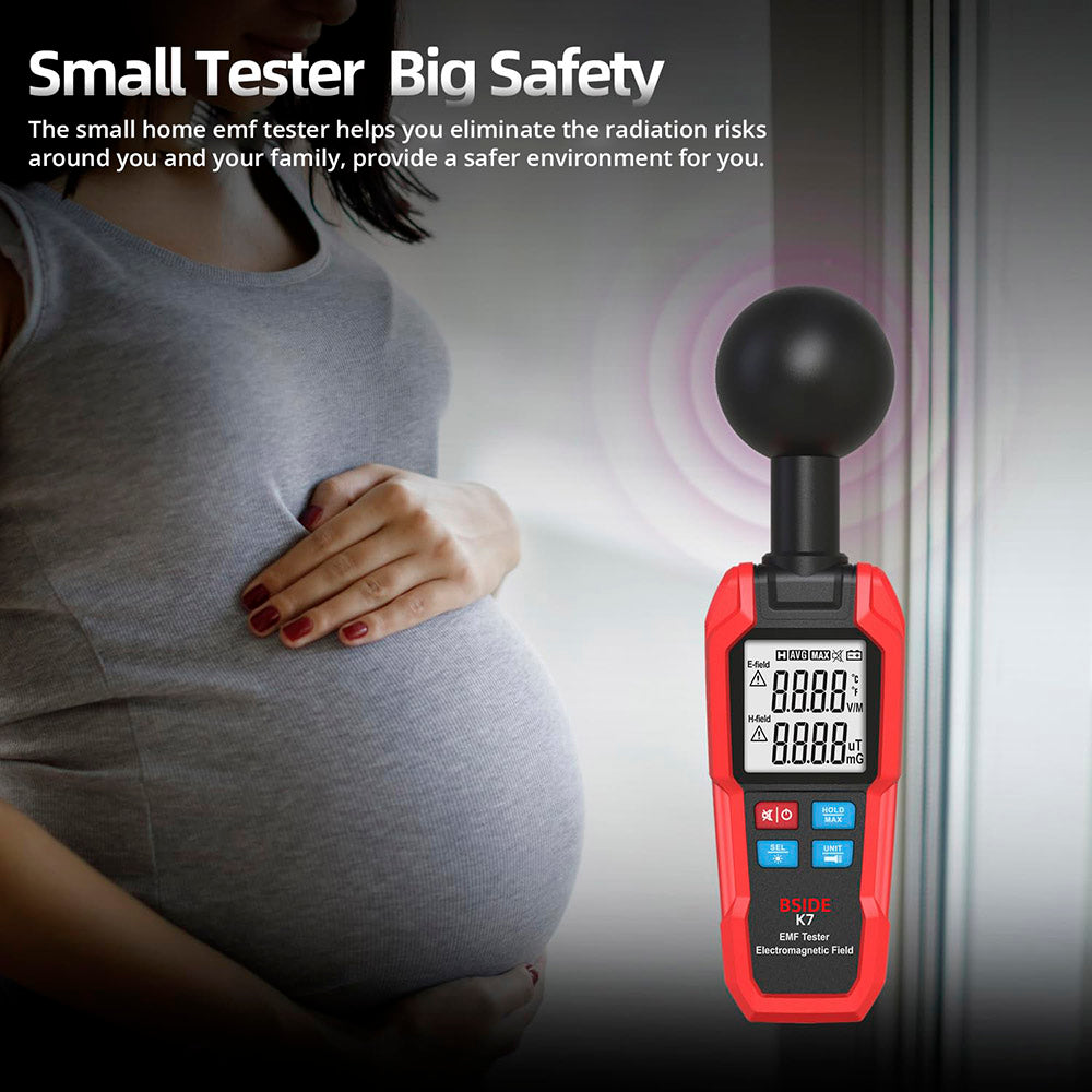 BSIDE K7 Electromagnetic Field Tester, EMF Meter, Radiation Signal Detector, 360° Auto Measurement, Sound & Light Alarm, with Overdose Flashlight, LCD Screen- Red, without Battery