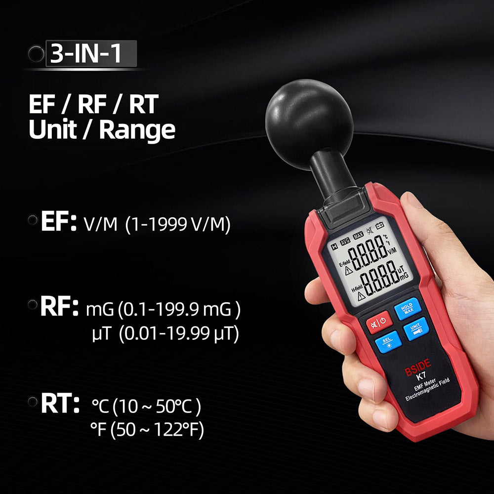BSIDE K7 Electromagnetic Field Tester, EMF Meter, Radiation Signal Detector, 360° Auto Measurement, Sound & Light Alarm, with Overdose Flashlight, LCD Screen- Red, without Battery