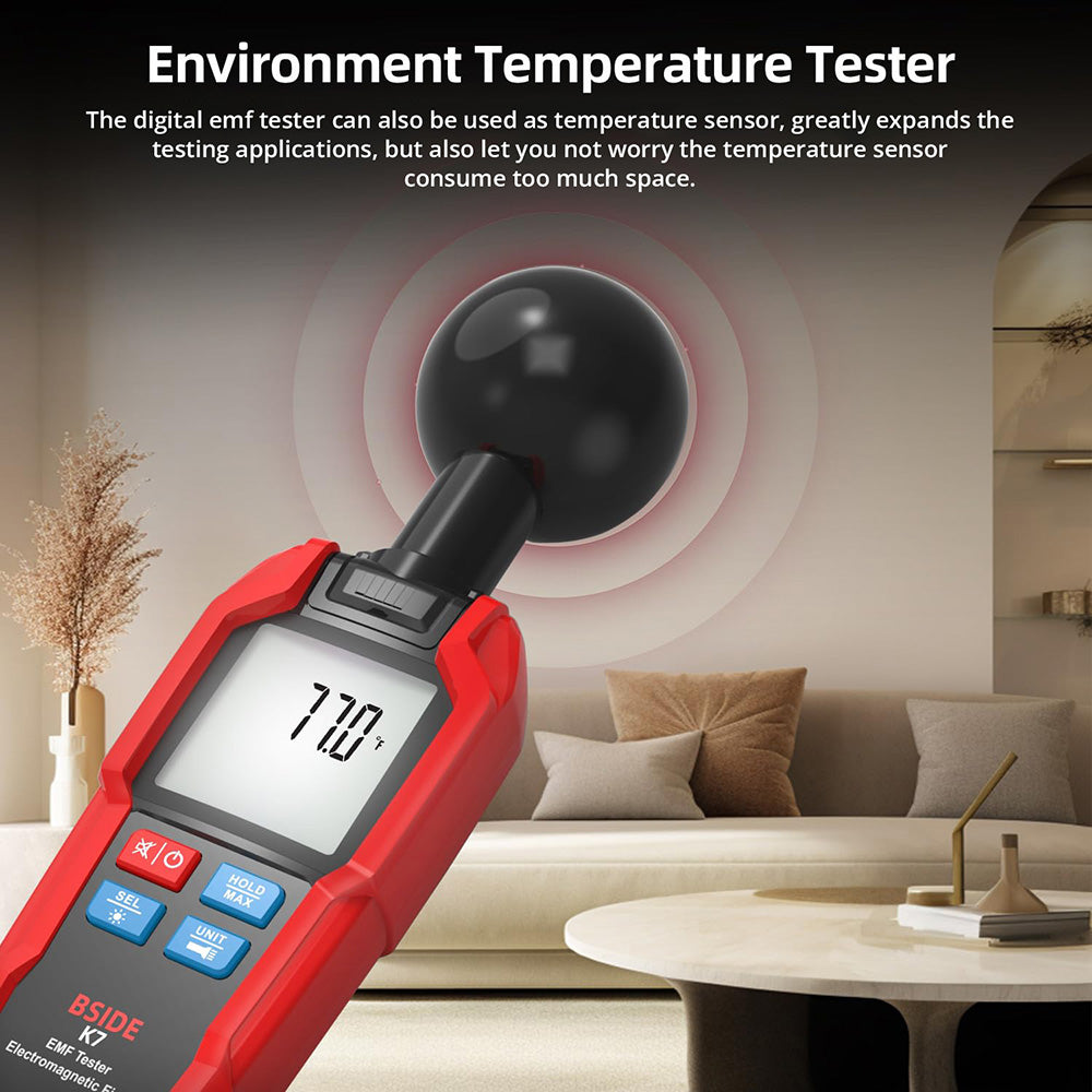 BSIDE K7 Electromagnetic Field Tester, EMF Meter, Radiation Signal Detector, 360° Auto Measurement, Sound & Light Alarm, with Overdose Flashlight, LCD Screen- Red, without Battery