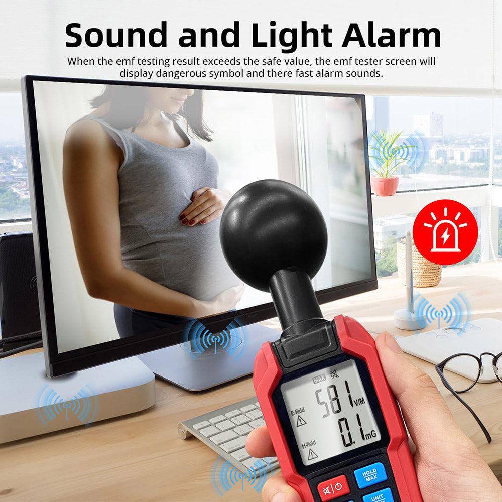 BSIDE K7 Electromagnetic Field Tester, EMF Meter, Radiation Signal Detector, 360° Auto Measurement, Sound & Light Alarm, with Overdose Flashlight, LCD Screen- Red, without Battery