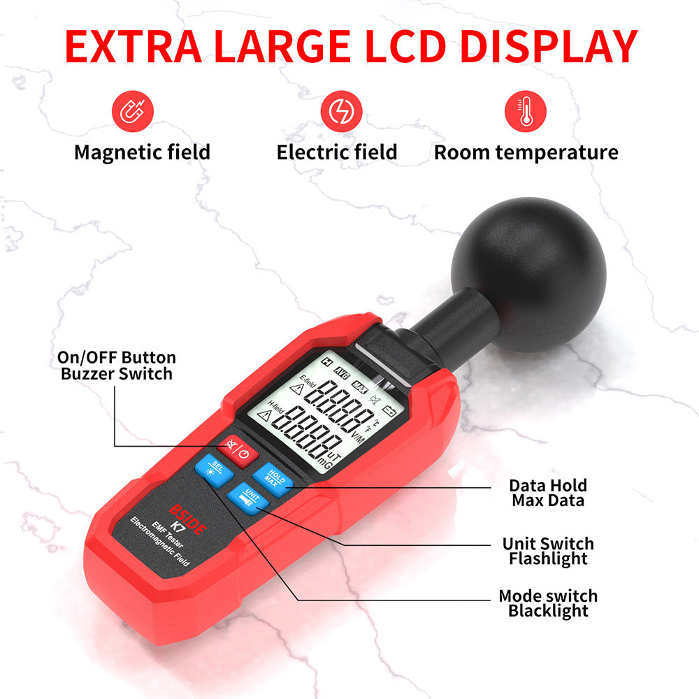BSIDE K7 Electromagnetic Field Tester, EMF Meter, Radiation Signal Detector, 360° Auto Measurement, Sound & Light Alarm, with Overdose Flashlight, LCD Screen- Red, without Battery
