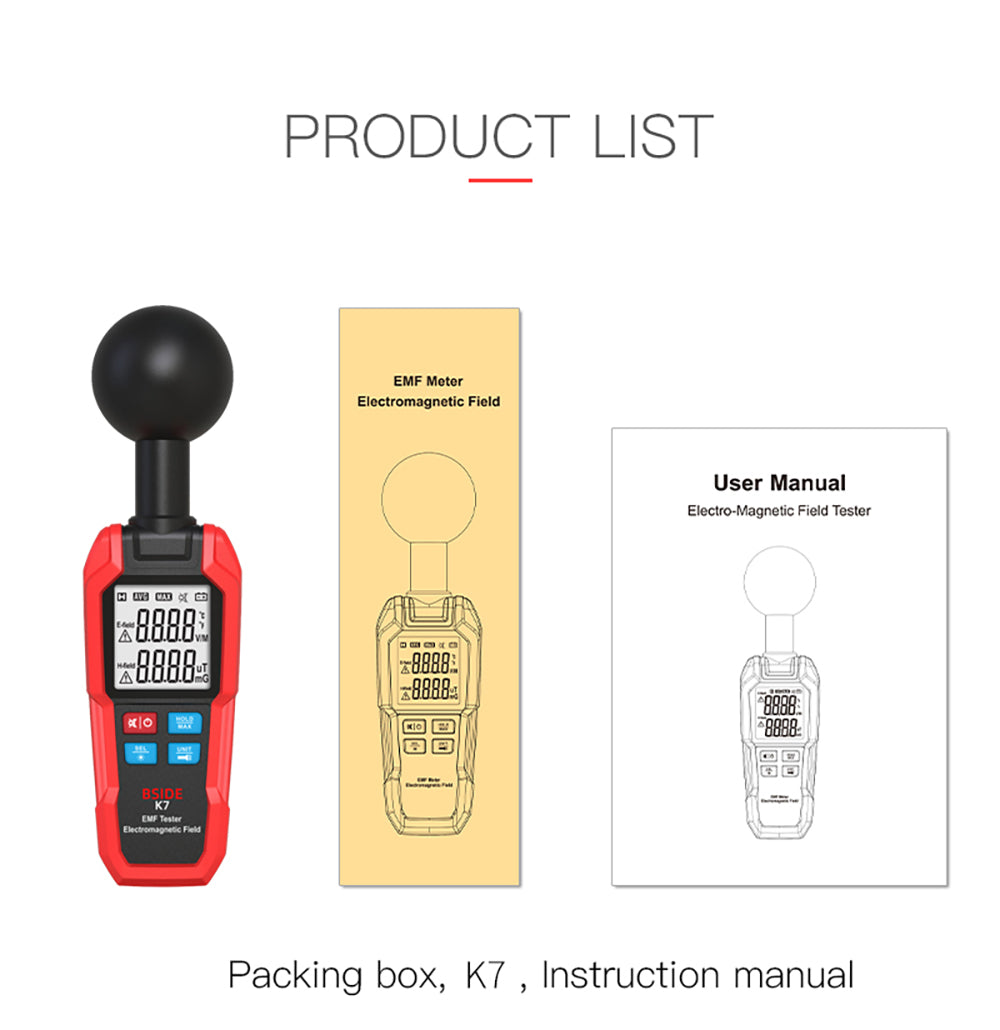 BSIDE K7 Electromagnetic Field Tester, EMF Meter, Radiation Signal Detector, 360° Auto Measurement, Sound & Light Alarm, with Overdose Flashlight, LCD Screen- Red, without Battery