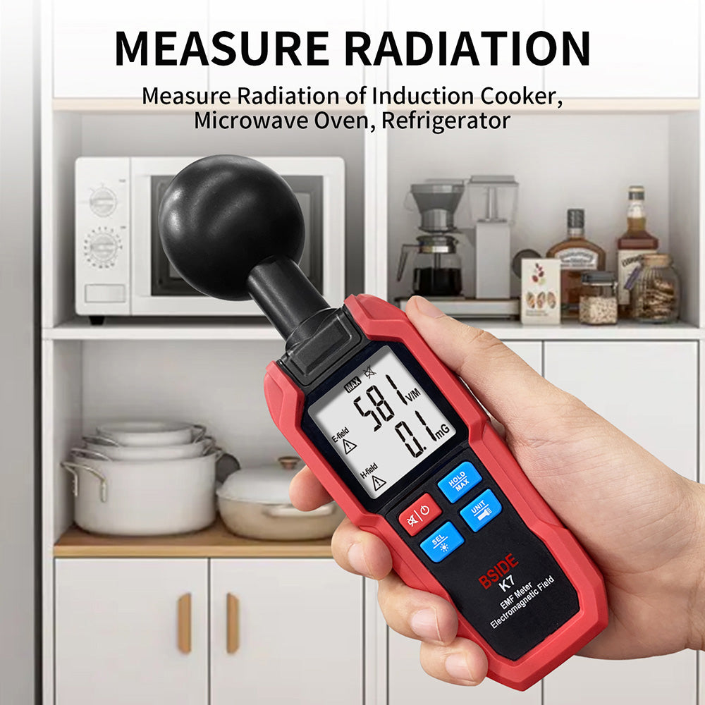 BSIDE K7 Electromagnetic Field Tester, EMF Meter, Radiation Signal Detector, 360° Auto Measurement, Sound & Light Alarm, with Overdose Flashlight, LCD Screen- Red, without Battery