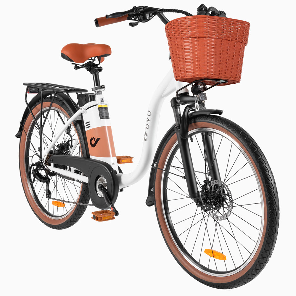 DYU C6 Pro Electric Bike, 250W Motor, 36V 15.6Ah Battery, 26*2.125-inch Tire, 25km/h Max Speed, 80km Range, Disc Brake, Front Fork Suspension, Shimano 7-speed, LED Display - White