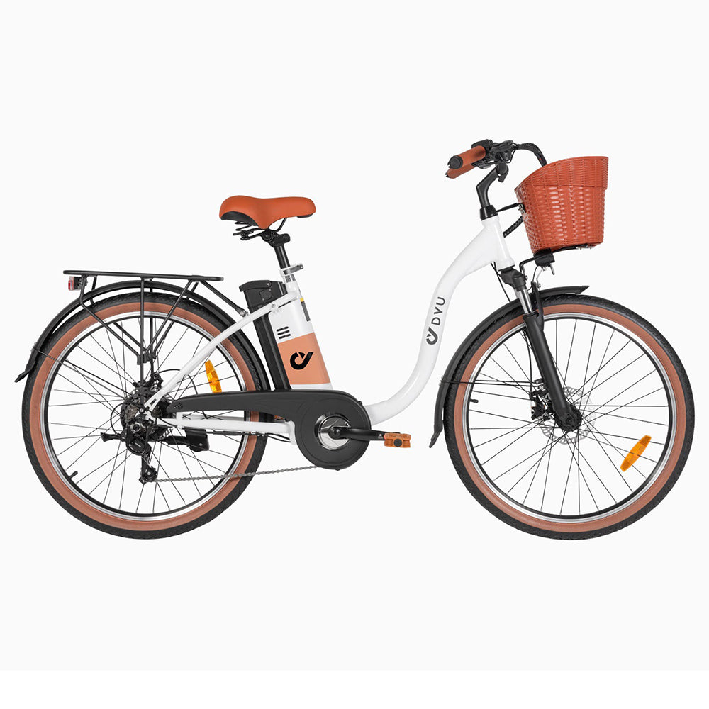 DYU C6 Pro Electric Bike, 250W Motor, 36V 15.6Ah Battery, 26*2.125-inch Tire, 25km/h Max Speed, 80km Range, Disc Brake, Front Fork Suspension, Shimano 7-speed, LED Display - White