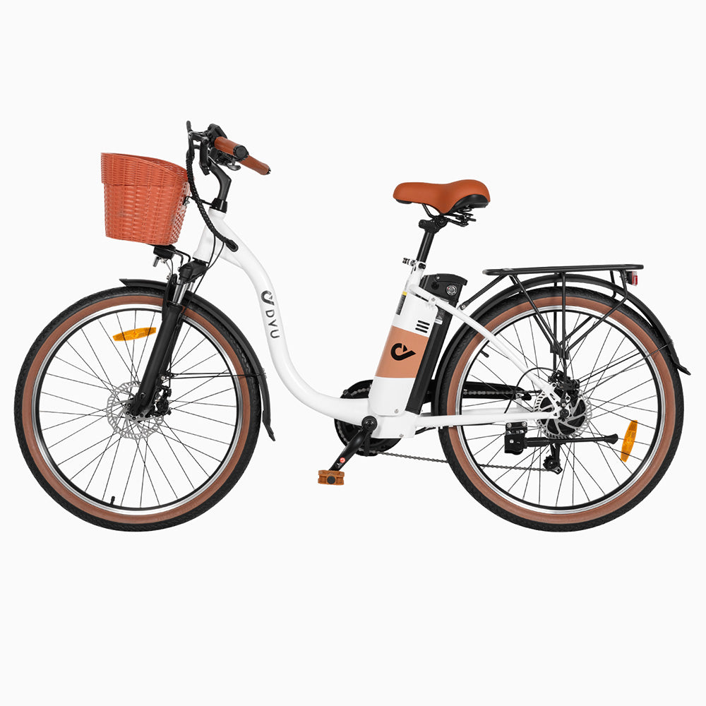 DYU C6 Pro Electric Bike, 250W Motor, 36V 15.6Ah Battery, 26*2.125-inch Tire, 25km/h Max Speed, 80km Range, Disc Brake, Front Fork Suspension, Shimano 7-speed, LED Display - White