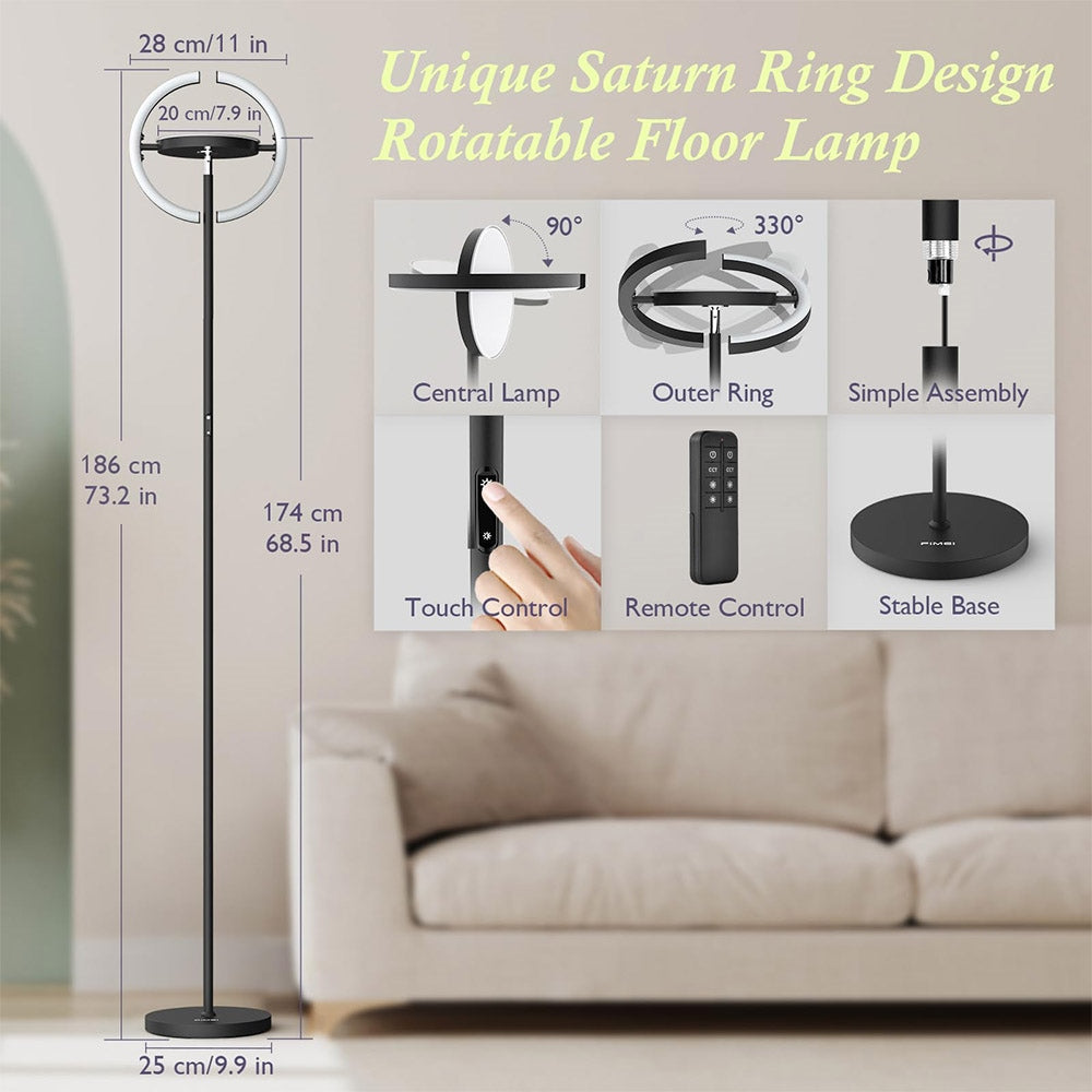 FIMEI PY-F1205 LED Floor Lamp, Central Upward Light, 3000K-6000K Color Temperature, Stepless Dimming, Remote Control/Touch Control, for Living Room - Black