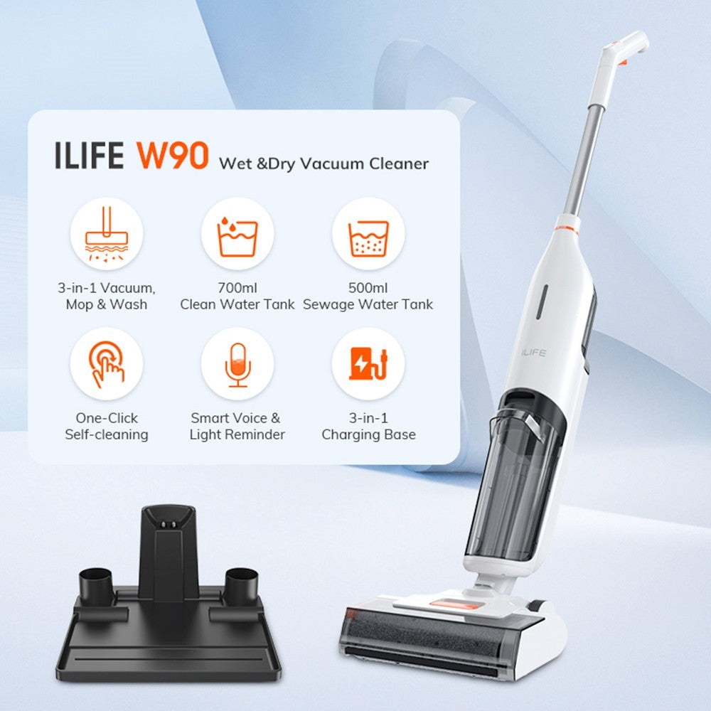 ILIFE W90 Cordless Wet Dry Vacuum Cleaner, 3 in 1 Vacuum Mop and Wash, Self-Cleaning, 700ml Water Tank, 30Mins Runtime, 3000mAh Battery, Voice Reminder - White