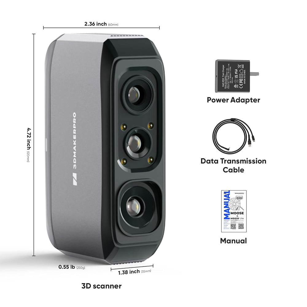 3DMakerpro Moose Lite 3D Scanner, NIR Light Source, 0.05mm Accuracy, 0.10mm Resolution, 24-bit Color Camera, 10fps Frame Rate, Anti-Shake Lenses, Compatible with Windows/MacOS