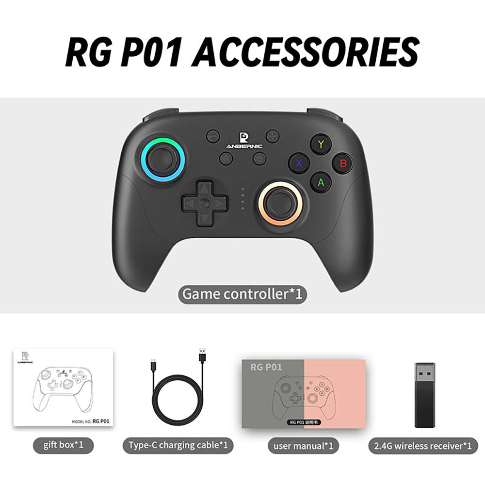 ANBERNIC RG P01 Game Controller, Hall Effect Triggers &amp; Joystick, Six-axis Gyroscope, Bluetooth/2.4G Wireless/ Wired Connection, 9 Hours Autonomy, Compatible with PC, Switch, Android, iOS, Steam - Black