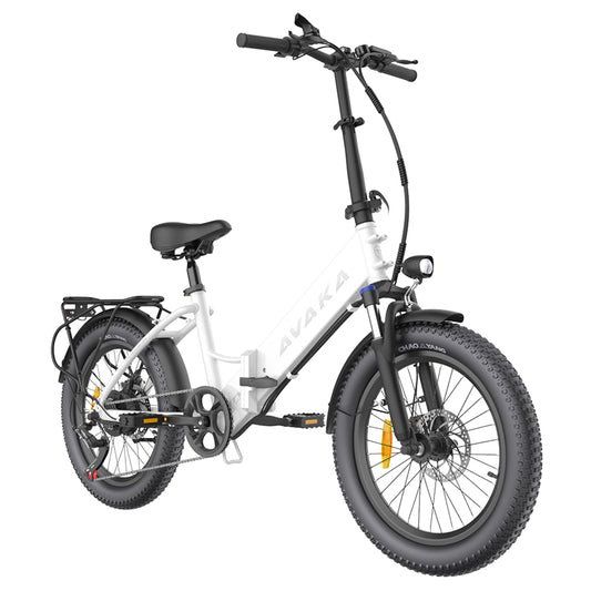 AVAKA K300 Folding Electric Bike, 350W Motor, 36V 16Ah Battery, 20*3.0 inch Tires, 31km/h Max Speed, 100km Range, Front &amp; Rear Disc Brakes, LCD Display, SHIMANO 7-speed - White