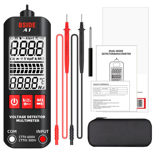 BSIDE A1 Digital Multimeter, Electrician Pen, Non-Contact Voltage Tester, Ohm Hz Meter, AC Live/Neutral Wire Test, Red &amp; Green Backlight, with Storage Bag - Black