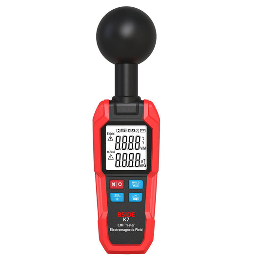 BSIDE K7 Electromagnetic Field Tester, EMF Meter, Radiation Signal Detector, 360&#176; Auto Measurement, Sound &amp; Light Alarm, with Overdose Flashlight, LCD Screen- Red, without Battery