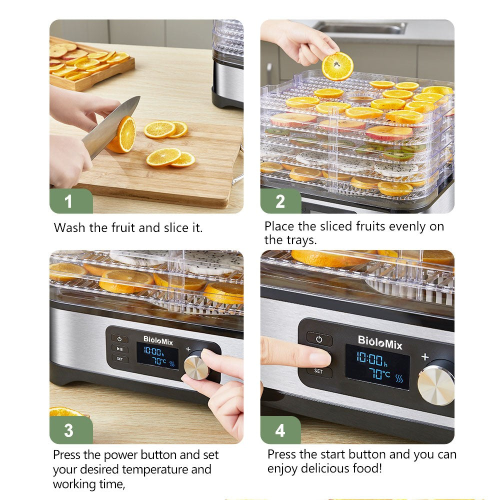 BioloMix BD1200 Food Dryer Dehydrator, 5 Trays, 10L Capacity, BPA FREE, Digital Timer, Temperature Control, for Fruit Vegetable Snacks