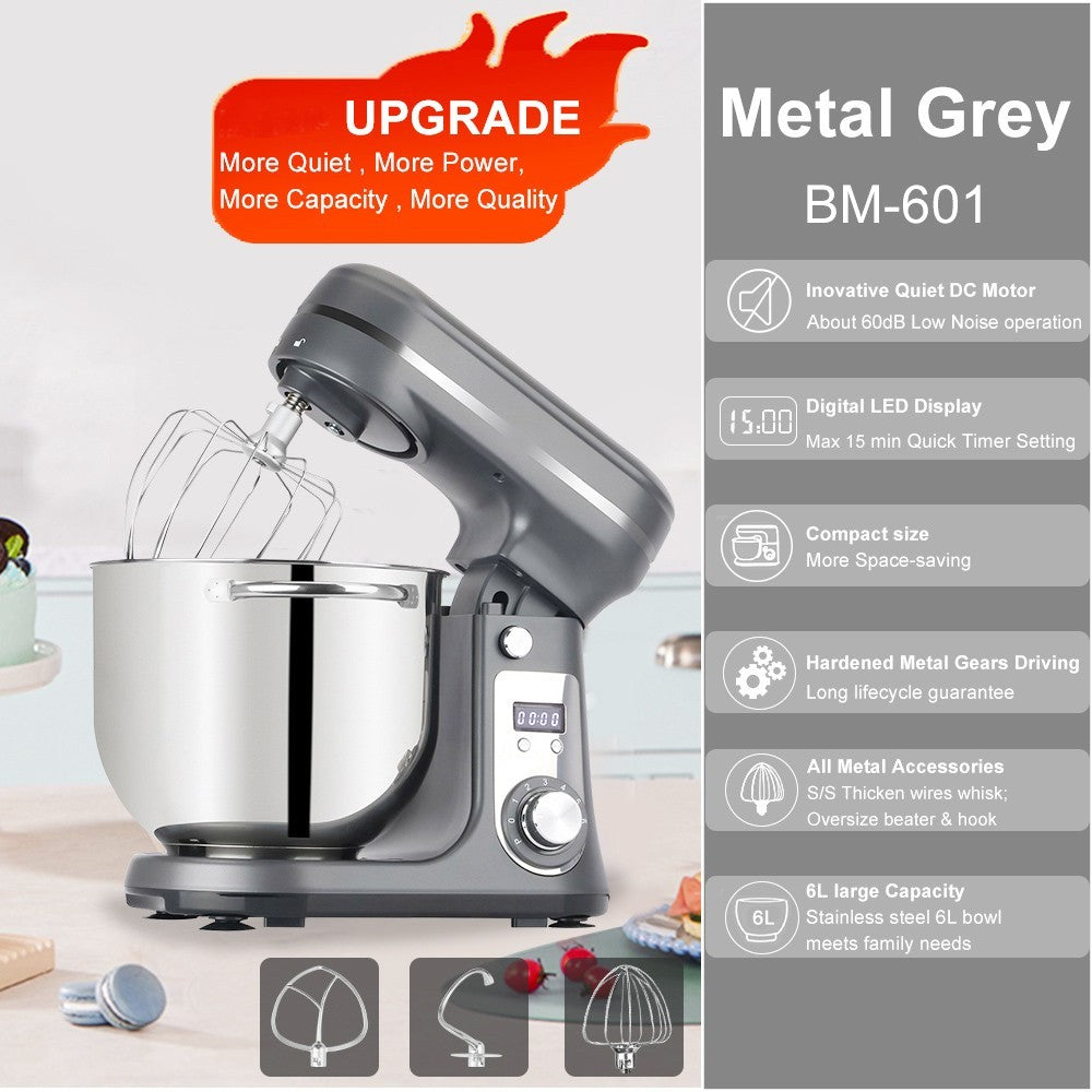 BioloMix BM601 1200W Kitchen Food Stand Mixer, Cream Egg Whisk, Cake Dough Kneader, 6L Capacity, Stainless Steel Bowl, 6-Speed, LED Display - Grey