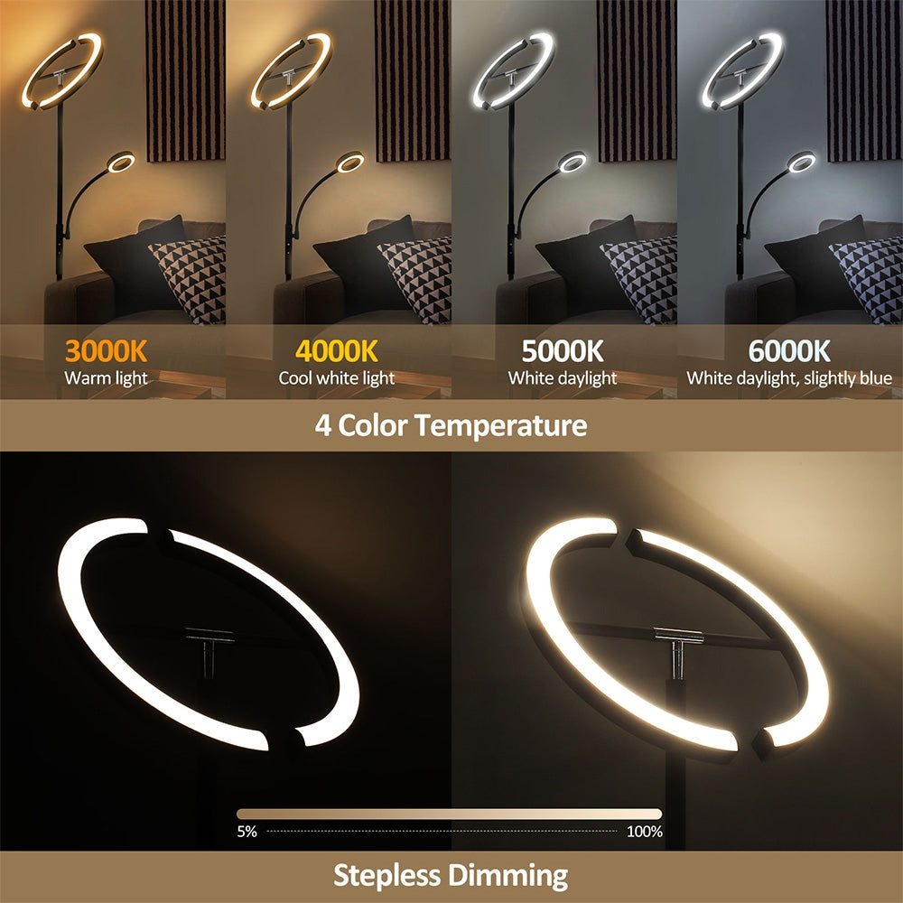 FIMEI MF18813 Floor Lamp with Reading Light, Eye Protection, 4 Color Temperatures, Infinite Dimmable, Touch Control &amp; Remote Control, for Living Room, Office, Bedroom - Black