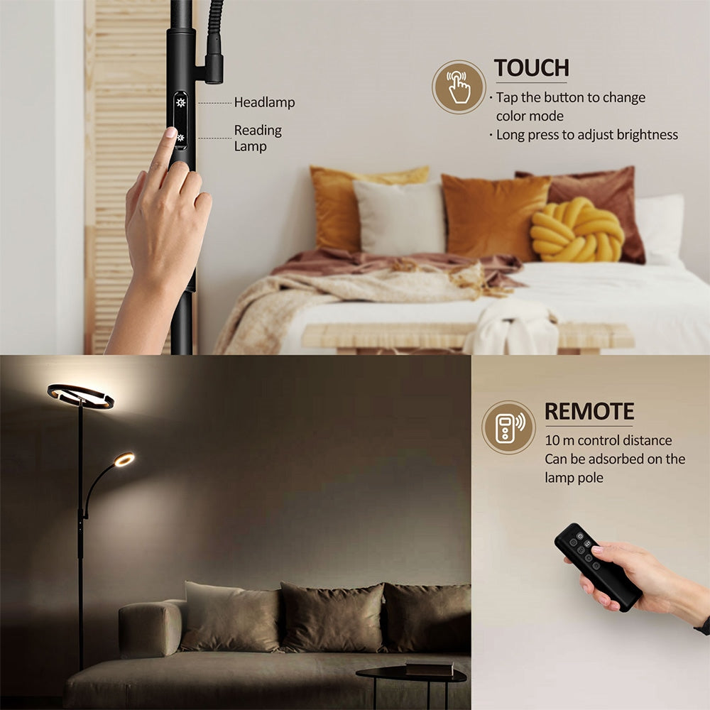FIMEI MF18813 Floor Lamp with Reading Light, Eye Protection, 4 Color Temperatures, Infinite Dimmable, Touch Control &amp; Remote Control, for Living Room, Office, Bedroom - Black