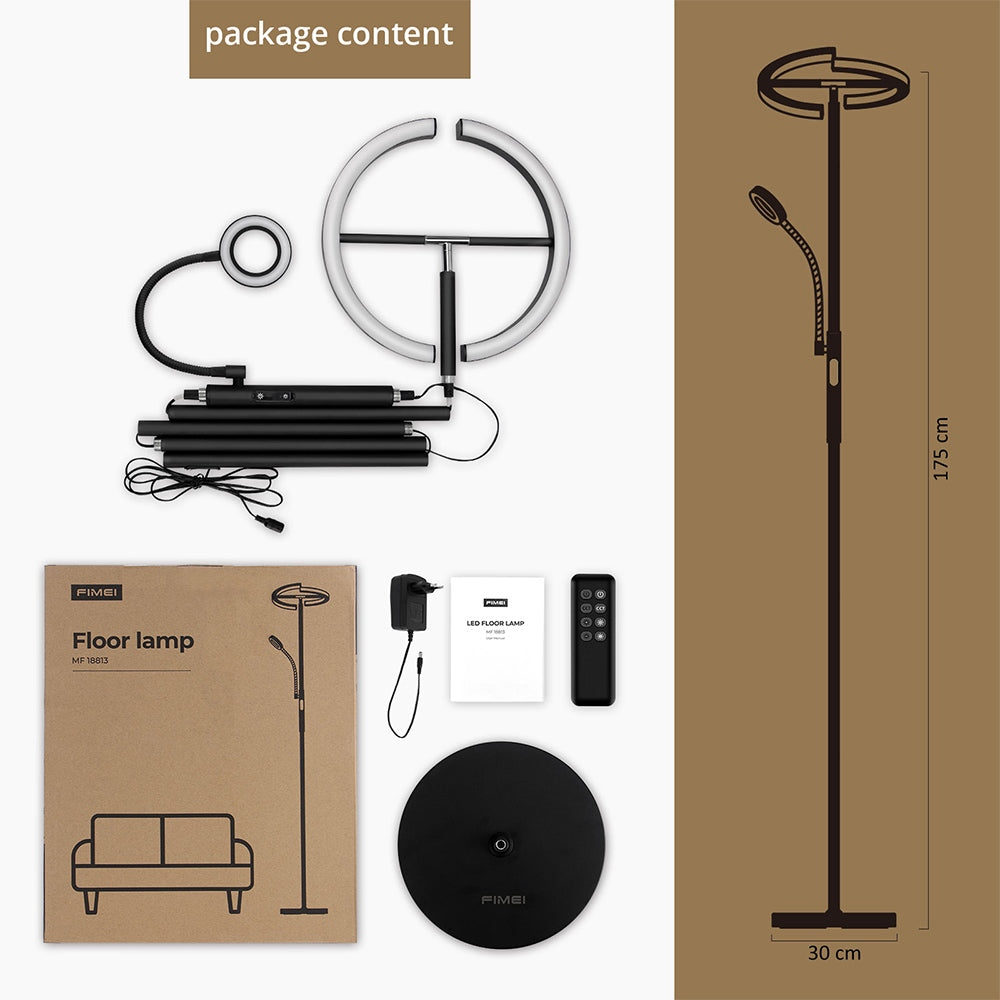 FIMEI MF18813 Floor Lamp with Reading Light, Eye Protection, 4 Color Temperatures, Infinite Dimmable, Touch Control &amp; Remote Control, for Living Room, Office, Bedroom - Black