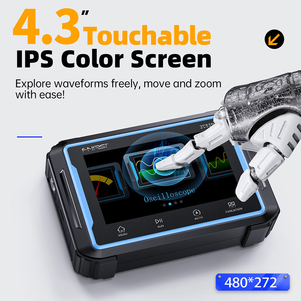 FNIRSI 2C53P Portable Digital Oscilloscope Multimeter, Signal Generator, 4.3inch IPS Touch Screen, 3 in 1 2 Channel 50MHz, 250Ms/S, 19999 Counts - Blue
