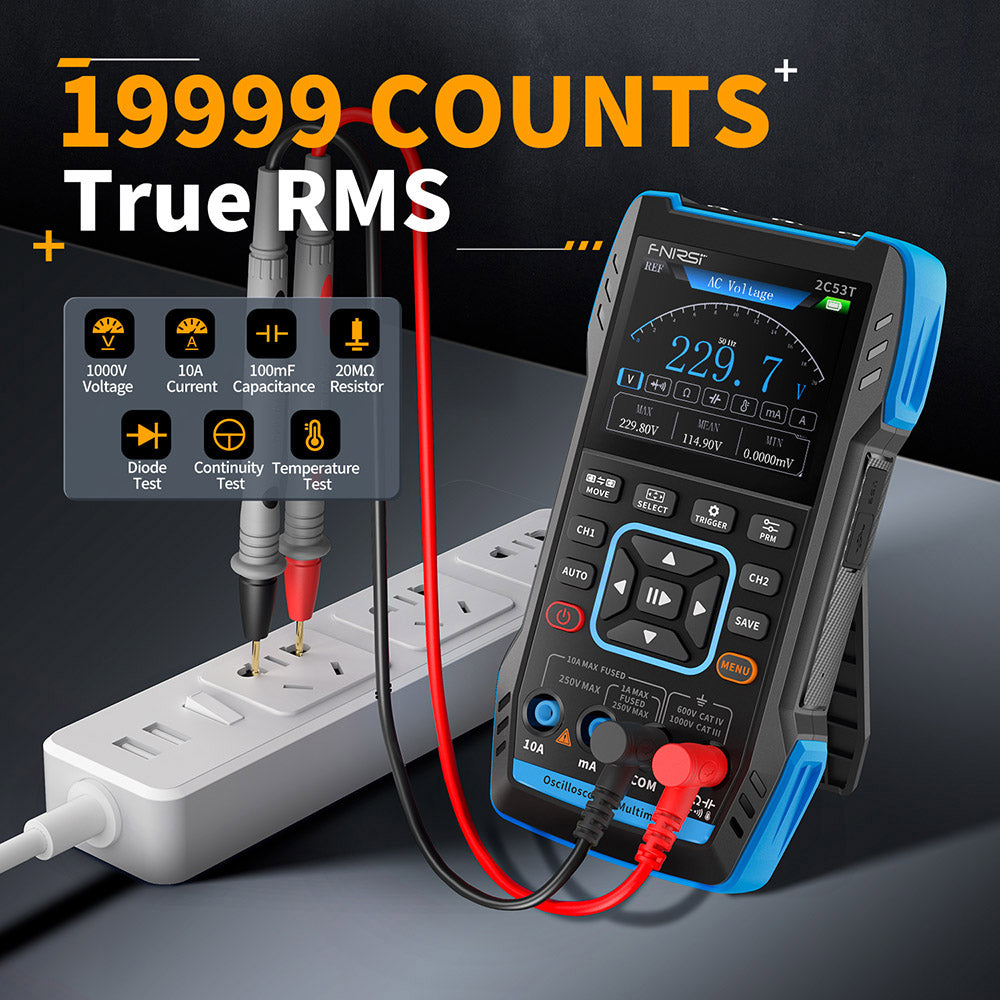 FNIRSI 2C53T 3in1 Oscilloscope Multimeter, Signal Generator, Dual Channel 50MHz Bandwidth, 250MS/s Sampling Rate, 19999 Counts, Voltage, Current, Capacitor, Resistor, Diode Test - Standard Version