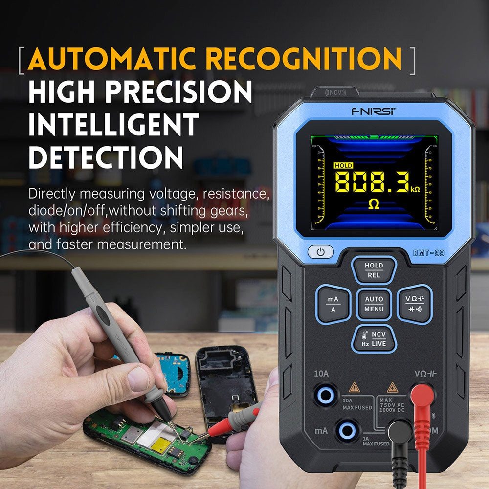 FNIRSI DMT-99 Handheld Digital Multimeter, 10000 Counts, 1000V 10A True RMS, Auto Range, AC DC Voltage Tester, NCV Measures, 1500mAh Rechargeable Battery