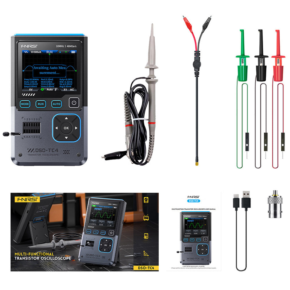 FNIRSI DSO-TC4 Digital Oscilloscope, 10MHz Bandwidth, 48MSa/s Sampling, Signal Generator, Transistor Tester, 2.8&quot; TFT Screen, 1500mAh Battery