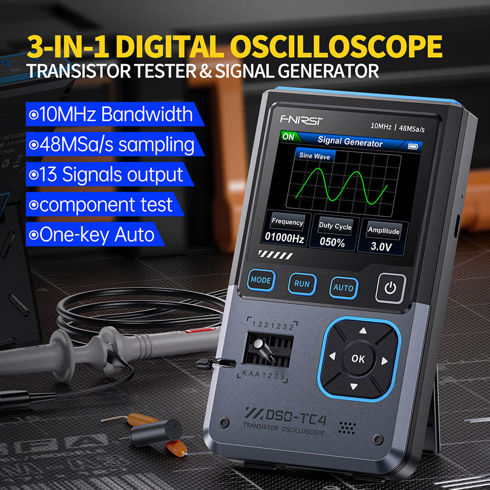 FNIRSI DSO-TC4 Digital Oscilloscope, 10MHz Bandwidth, 48MSa/s Sampling, Signal Generator, Transistor Tester, 2.8&quot; TFT Screen, 1500mAh Battery
