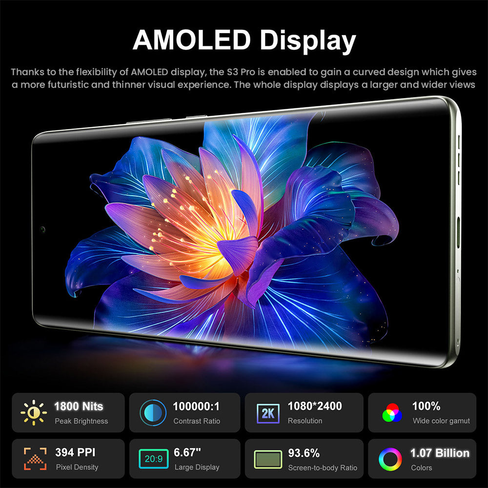 FOSSiBOT S3 Pro 4G Smartphone, 6.67&quot; AMOLED Curved Display, 1.09&quot; Rear Screen, 6GB RAM 128GB ROM, 64MP AI Camera, 5000mAh Battery, Helio G85, NFC, Dual SIM, Android 14, Face Unlock, Black