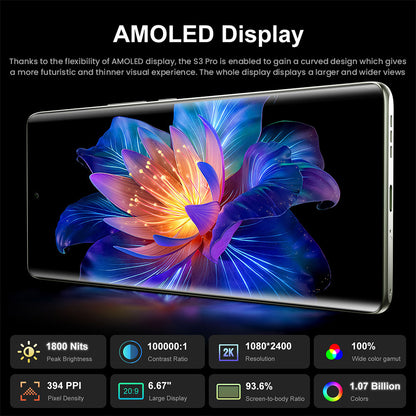 FOSSiBOT S3 Pro 4G Smartphone, 6.67&quot; AMOLED Curved Display, 1.09&quot; Rear Screen, 6GB RAM 128GB ROM, 64MP AI Camera, 5000mAh Battery, Helio G85, NFC, Dual SIM, Android 14, Face Unlock, Black