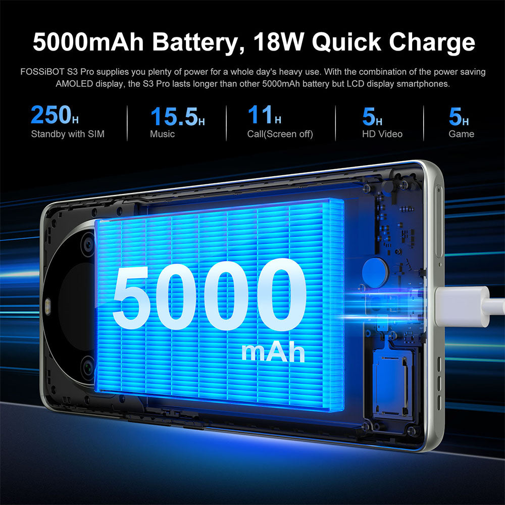 FOSSiBOT S3 Pro 4G Smartphone, 6.67&quot; AMOLED Curved Display, 1.09&quot; Rear Screen, 6GB RAM 128GB ROM, 64MP AI Camera, 5000mAh Battery, Helio G85, NFC, Dual SIM, Android 14, Face Unlock, Black