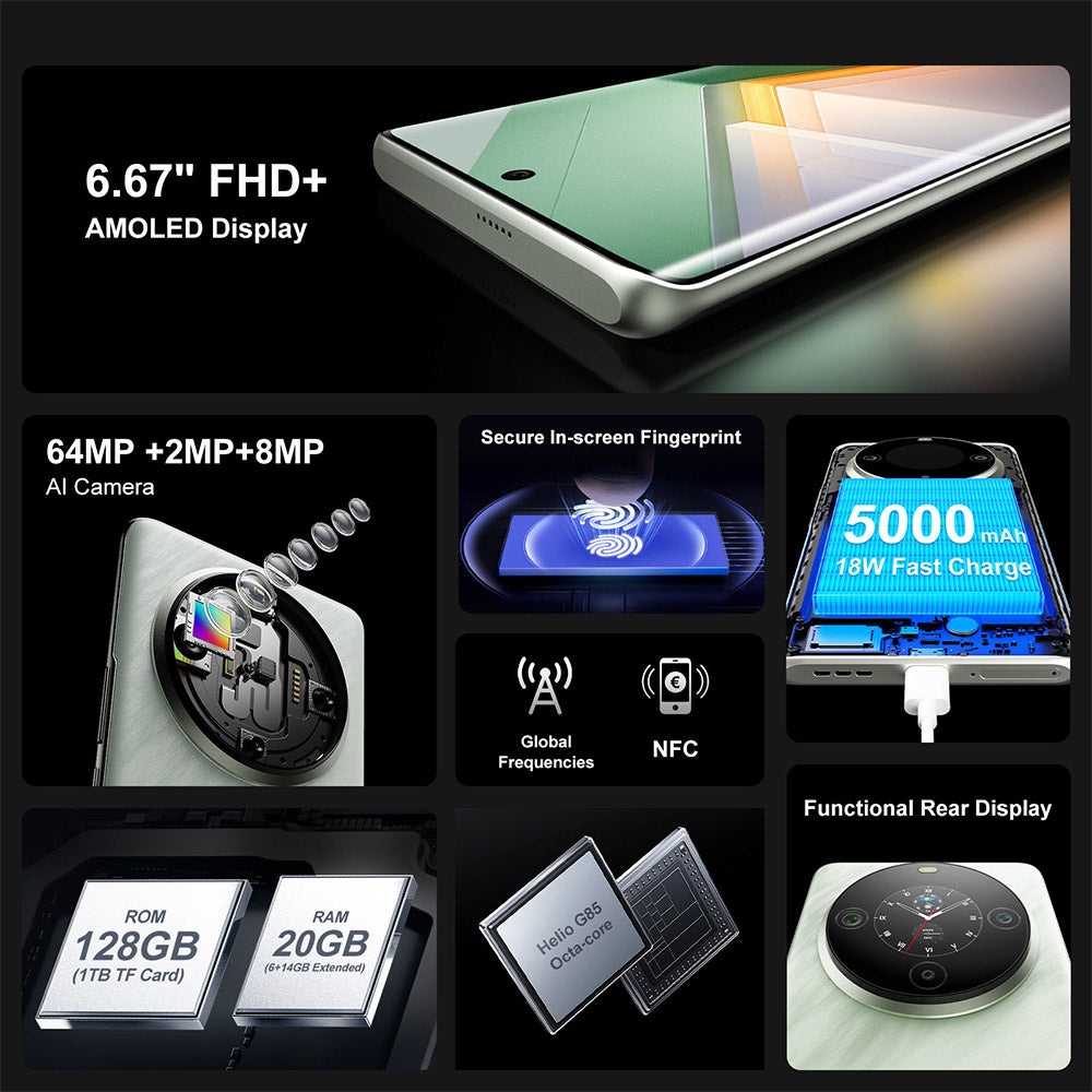 FOSSiBOT S3 Pro 4G Smartphone, 6.67&quot; AMOLED Curved Display, 1.09&quot; Rear Screen, 6GB RAM 128GB ROM, 64MP AI Camera, 5000mAh Battery, Helio G85, NFC, Dual SIM, Android 14, Face Unlock, Black