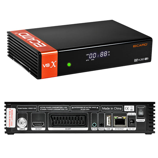 GTMEDIA ECAMD V8X LA DVB-S/S2/S2X Set Top Box, Support MU3 IKS, Built-in 2.4G WiFi, H.265 Digital TV Signal Receiver, SCART OUT CA Card Slot, 1*LNB IN 1*HDMI 1*AV OUT 1*USB 1*RJ45 1*RS232 - EU