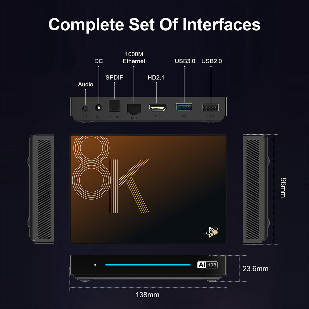 H96 Max M9S Android 14 TV Box, 8GB RAM 128GB ROM, RK3576 8 Cores, 8K AV1 Decoding, WiFi 6, Bluetooth 5.4, 1*USB3.0 1*USB2.0 1*HDMI2.1 1*1000M Ethernet 1*SPDIF 1*Audio