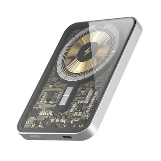 HINOVO MB1-5000xw Wireless Portable Charger, 5000mAh Magnetic Wireless Power Bank, PD 20W Fast Charging, Cyberpunk Style - Mirror White