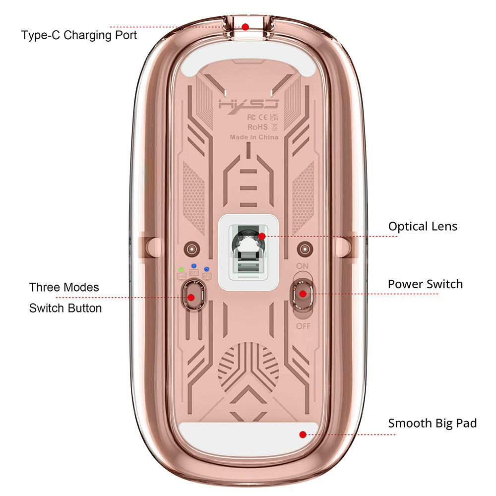 HXSJ T900 2.4G &amp; Bluetooth Wireless Mouse 800-2400 DPI Adjustable RGB Light Mute Click - Pink