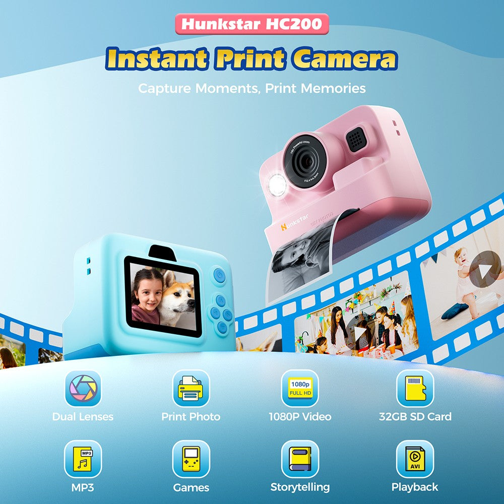 Hunkstar HC200 Instant Print Camera for Kids, with 32GB SD Card, Birthday Gifts for Girls Boys Age 3-12, HD Digital Video Cameras, Portable Toy, Blue