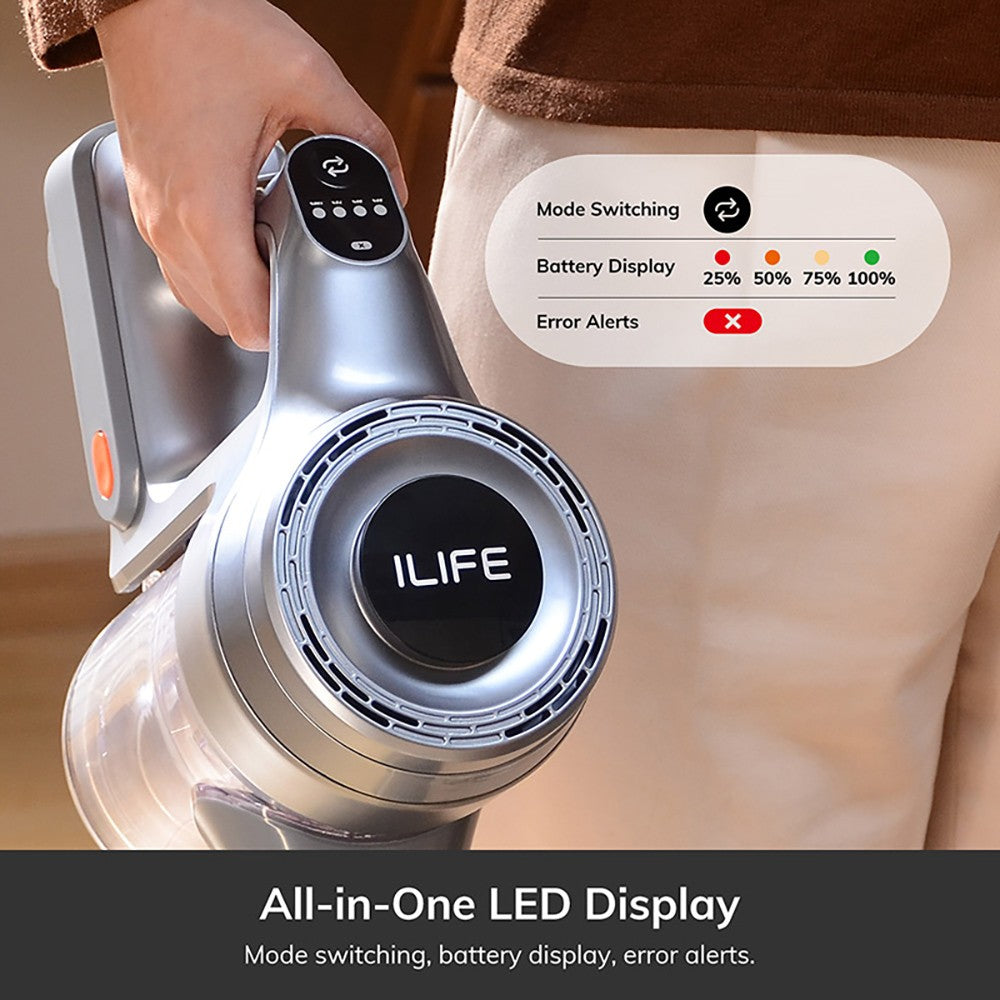 ILIFE H80 Cordless Vacuum Cleaner, 20KPa Suction, 35min Max Run Time, with LED Lights, 5-stage Filtration, 0.55L Dust Cup, Telescopic Pipe, Gray