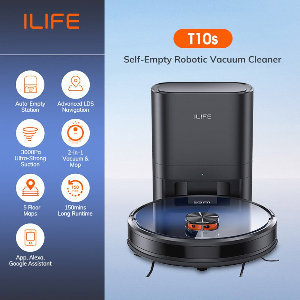 ILIFE T10s Robot Vacuum Cleaner, 2 in 1 Vacuum and Mop, Self-Emptying Station, 3000Pa Suction, 2.5L Dust Bag, LDS Navigation, 150 mins Runtime, Save up to 5 Maps, App &amp; Voice Control - Gradient Blue