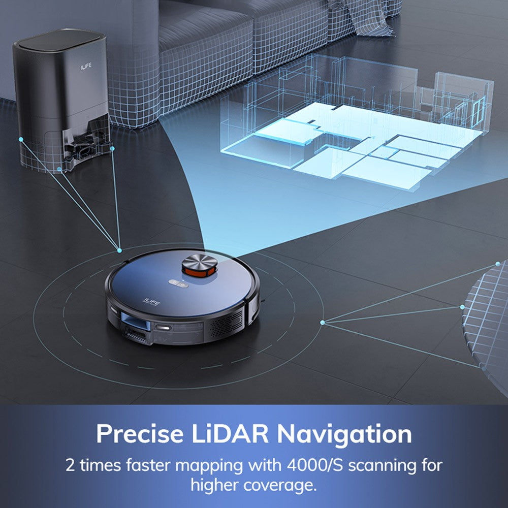 ILIFE T10s Robot Vacuum Cleaner, 2 in 1 Vacuum and Mop, Self-Emptying Station, 3000Pa Suction, 2.5L Dust Bag, LDS Navigation, 150 mins Runtime, Save up to 5 Maps, App &amp; Voice Control - Gradient Blue