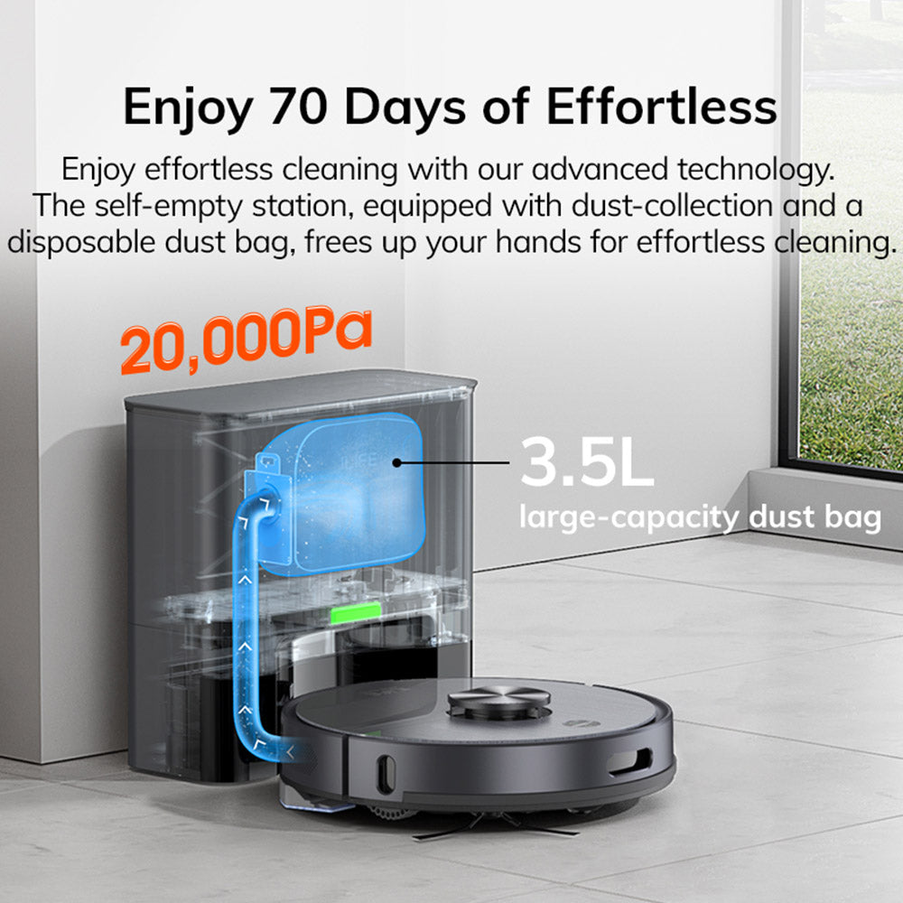 ILIFE T20S Robot Vacuum Cleaner, 5000Pa Suction Power, 260mins Runtime, Self-Emptying Station System, LDS Navigation, App Control, 3.5L Dust Bag - Black