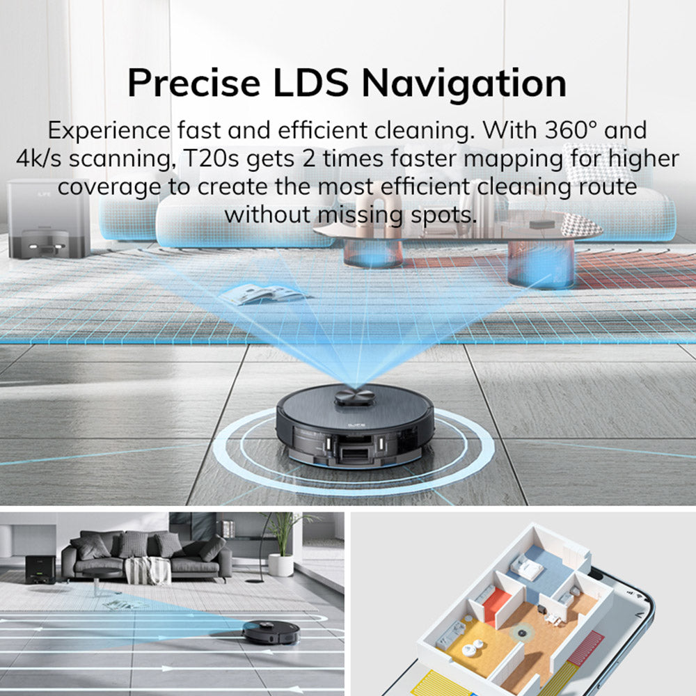 ILIFE T20S Robot Vacuum Cleaner, 5000Pa Suction Power, 260mins Runtime, Self-Emptying Station System, LDS Navigation, App Control, 3.5L Dust Bag - Black