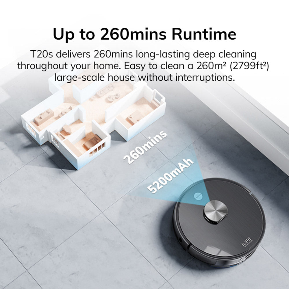 ILIFE T20S Robot Vacuum Cleaner, 5000Pa Suction Power, 260mins Runtime, Self-Emptying Station System, LDS Navigation, App Control, 3.5L Dust Bag - Black