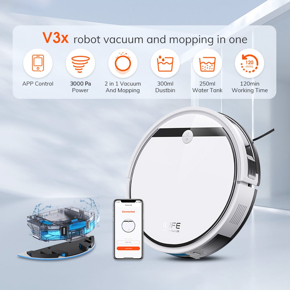 ILIFE V3X Robot Vacuum Cleaner, 2 in 1 Vacuum and Mopping, 3000Pa Suction, 300ml Dustbin, 2900mAh Battery, Up to 120min Runtime, App/Voice Control