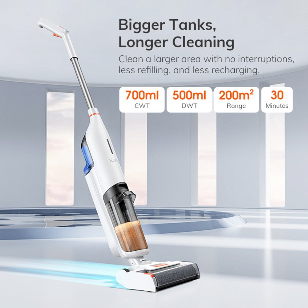 ILIFE W90 Cordless Wet Dry Vacuum Cleaner, 3 in 1 Vacuum Mop and Wash, Self-Cleaning, 700ml Water Tank, 30Mins Runtime, 3000mAh Battery, Voice Reminder - White