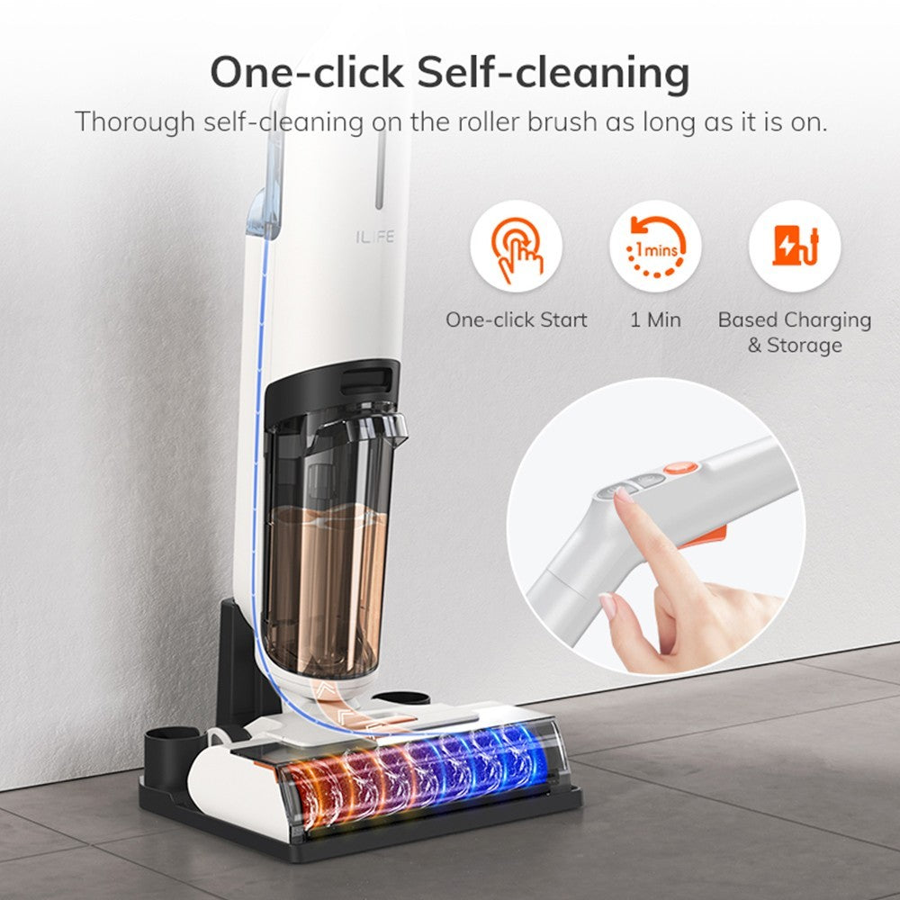 ILIFE W90 Cordless Wet Dry Vacuum Cleaner, 3 in 1 Vacuum Mop and Wash, Self-Cleaning, 700ml Water Tank, 30Mins Runtime, 3000mAh Battery, Voice Reminder - White