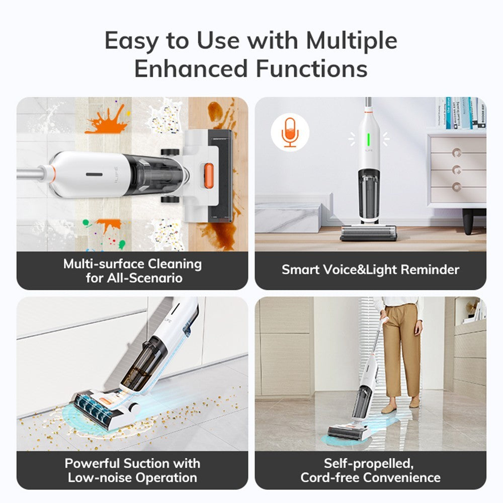 ILIFE W90 Cordless Wet Dry Vacuum Cleaner, 3 in 1 Vacuum Mop and Wash, Self-Cleaning, 700ml Water Tank, 30Mins Runtime, 3000mAh Battery, Voice Reminder - White
